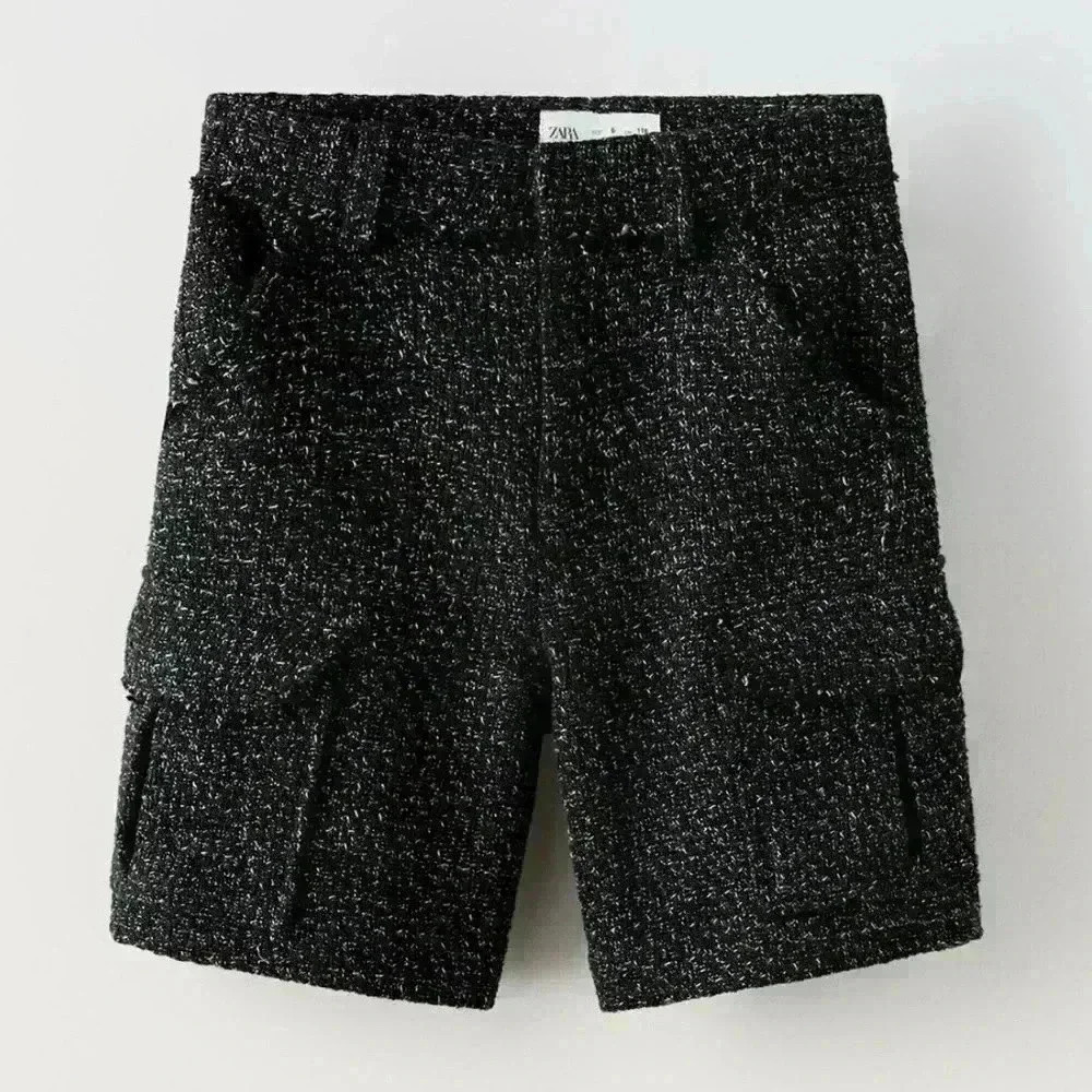 NWT Zara Girls Tweed Textured Shorts 6 Black White Cargo Pocket Bermuda Shorts